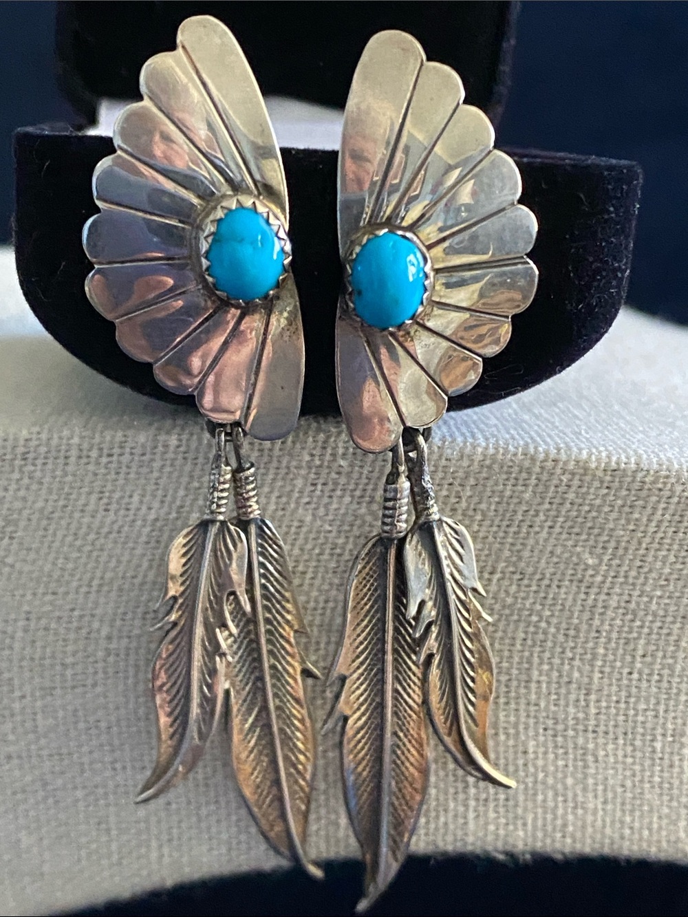 Native American Sterling Silver Turquoise Feather Earrings Vintage